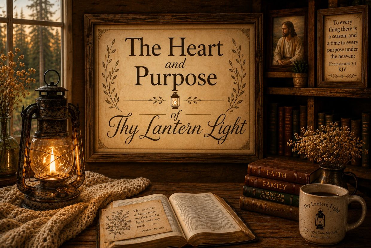 Cozy rustic setup with a lantern, books, and framed inspirational quotes.