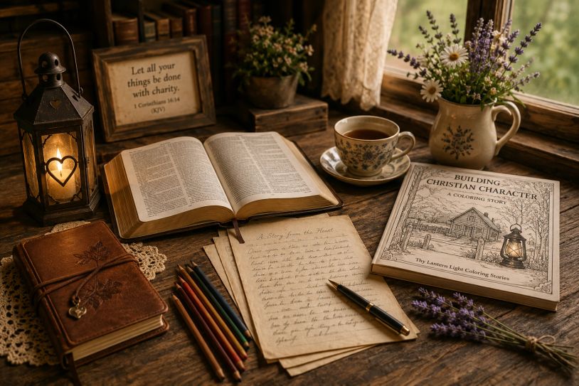 Cozy rustic desk with books, lamp, and flowers by a window.