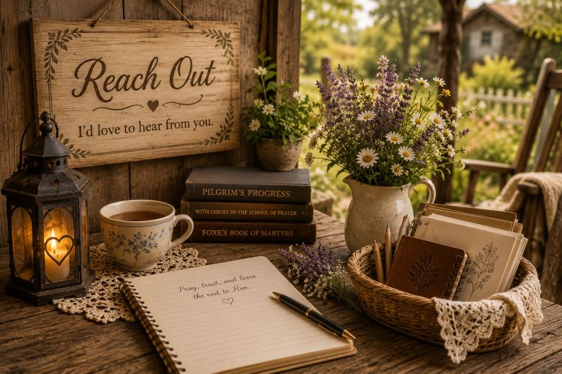 Cozy rustic writing nook with flowers and inspirational quotes.