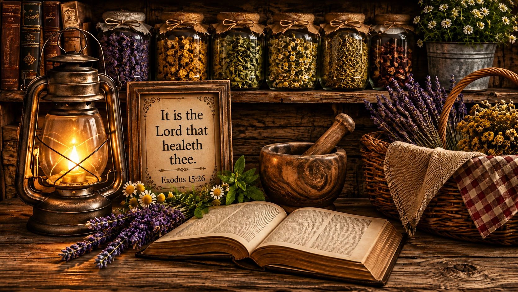 Rustic herbal kitchen scene with Bible verse and lantern.