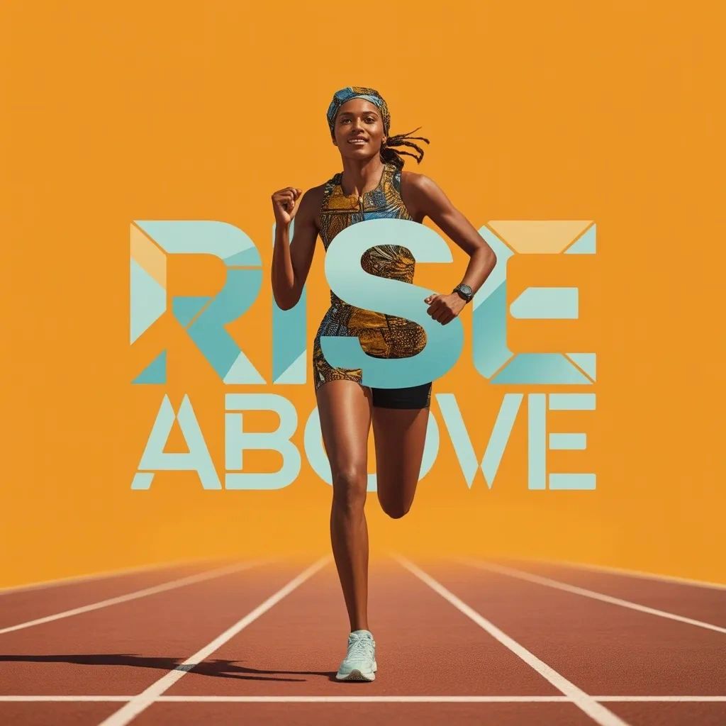 Athletic woman running on a track with 'RISE ABOVE' text behind her.