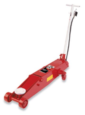 Red hydraulic floor jack with a long handle.