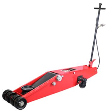 Red hydraulic floor jack with long handle and wheels.