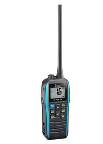 Radio comunicador portátil negro con detalles azules.