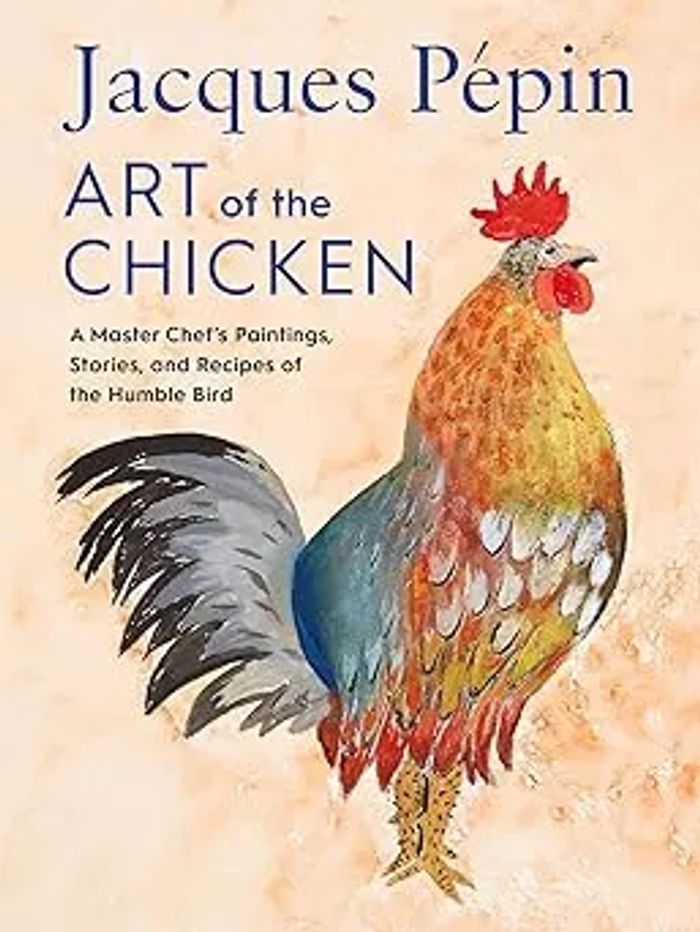 Book cover featuring a colorful painted rooster and title about chicken art and recipes.