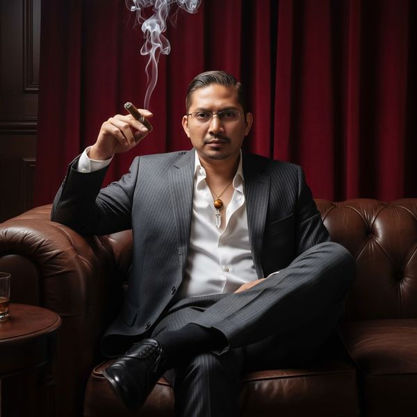 Confident man in a suit smoking a cigar on a leather couch.