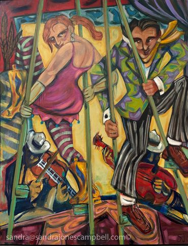 Colorful painting of dancers and musicians in motion.