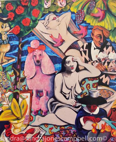 Colorful surreal painting with people, a pink dog, and vibrant patterns.
