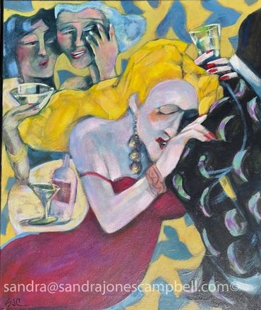 Abstract painting of people socializing with drinks.