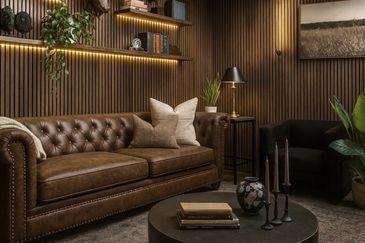 A cozy, vintage-style living room with a leather sofa and warm wood paneling.