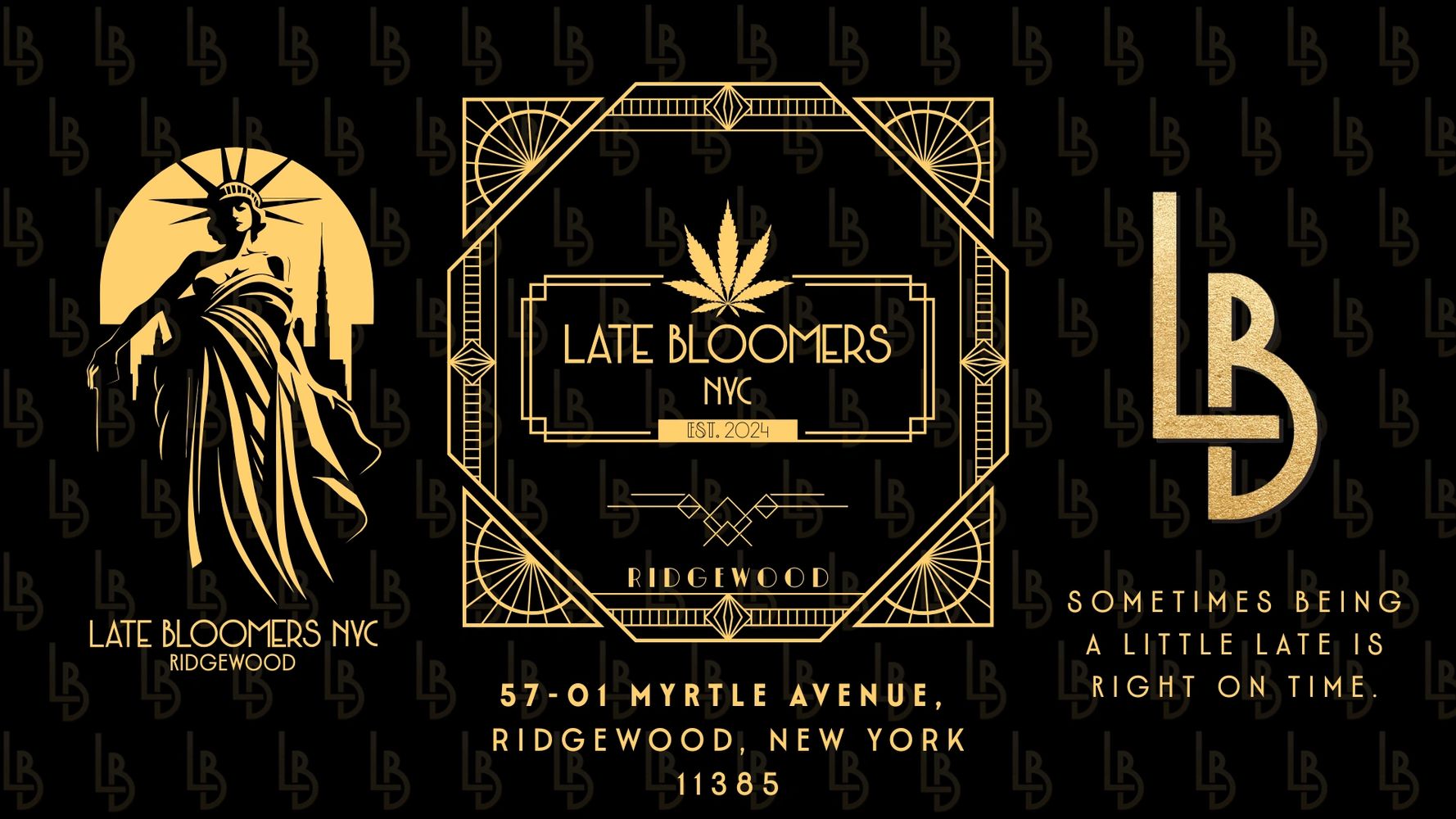 Elegant gold and black design for Late Bloomers NYC with Statue of Liberty and address details.