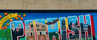 Colorful mural welcoming visitors to Parrish with agriculture and community themes.