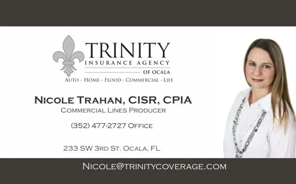 Business card for Nicole Trahan at Trinity Insurance Agency.