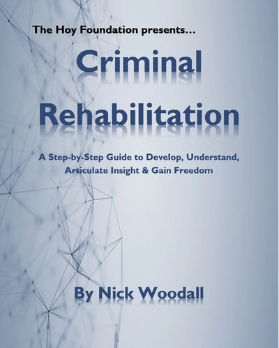 Book cover titled 'Criminal Rehabilitation' by Nick Woodall with a network-themed background.