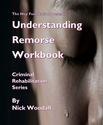 Close-up of a teary face on a workbook cover about understanding remorse.