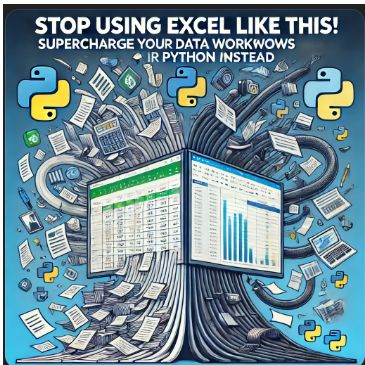 Overwhelmed Excel screen surrounded by Python symbols, code, and data chaos — visual metaphor for outdated manual workflows Overwhelmed Excel screen surrounded by Python symbols, code, and data chaos — visual metaphor for outdated manual workflows