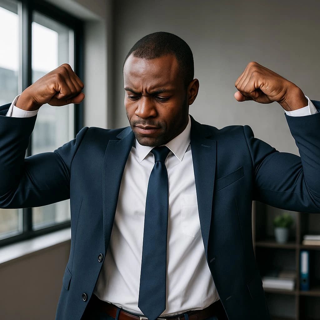 A confident man in his 30s, dressed in a fitted navy suit, white shirt, and tie, stands in a modern office while flexing his biceps. He has a focused, serious expression, symbolizing professional strength and determination. The setting includes large windows with natural light and a minimalistic bookshelf in the background, reinforcing a corporate and empowered atmosphere. A confident man in his 30s, dressed in a fitted navy suit, white shirt, and tie, stands in a modern office while flexing his biceps. He has a focused, serious expression, symbolizing professional strength and determination. The setting includes large windows with natural light and a minimalistic bookshelf in the background, reinforcing a corporate and empowered atmosphere.