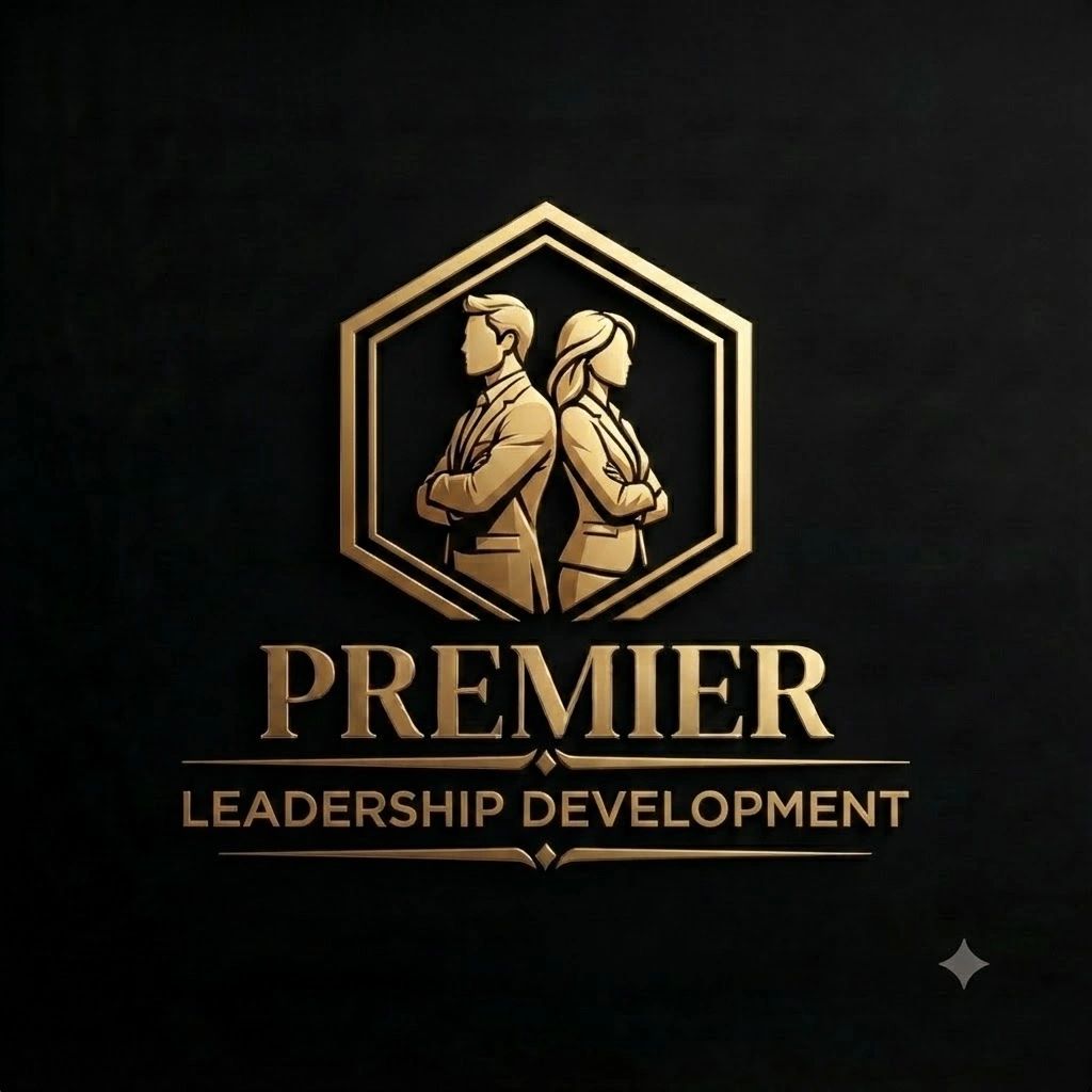 Premier Leadership Development gold logo on black background.