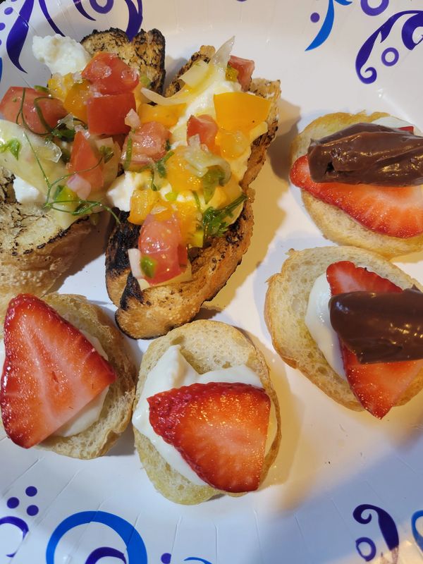 Bruschetta and Strawberry, Ricotta, Chocolate Ganache Crostini