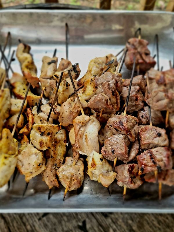 Beef, Chicken & Pork Skewers can be served as an appetizer or an entree