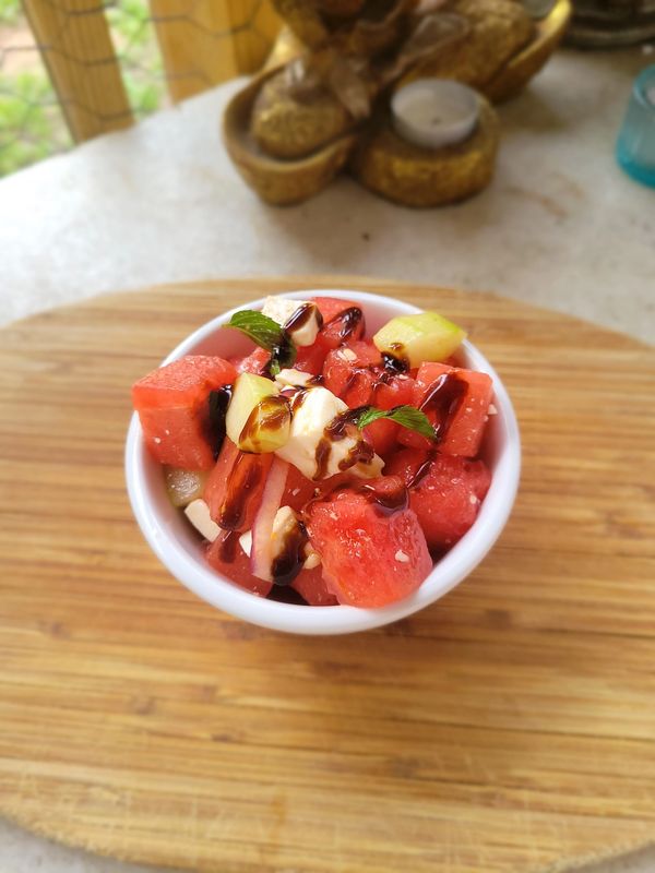 Watermelon Salad with feta, cucumber, red onion, basil and balsamic glaze