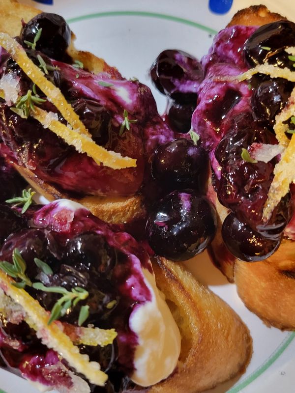 Blueberry Ricotta Crostini with Candied Lemon Peel and Fresh Thyme