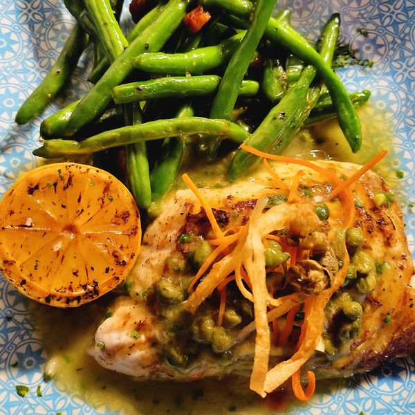 Grouper Piccata with sweet potato crunch and fried capers