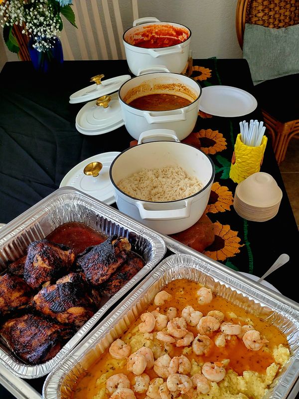 Jerk Chicken Thighs and BBQ Shrimp & Grits