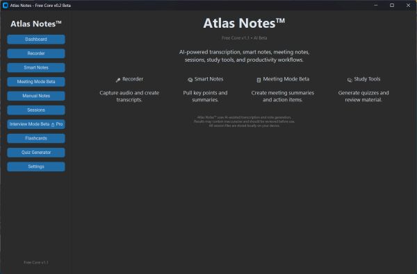 Screenshot of Atlas Notes app with features like Recorder, Smart Notes, Meeting Mode, and Study Tools.