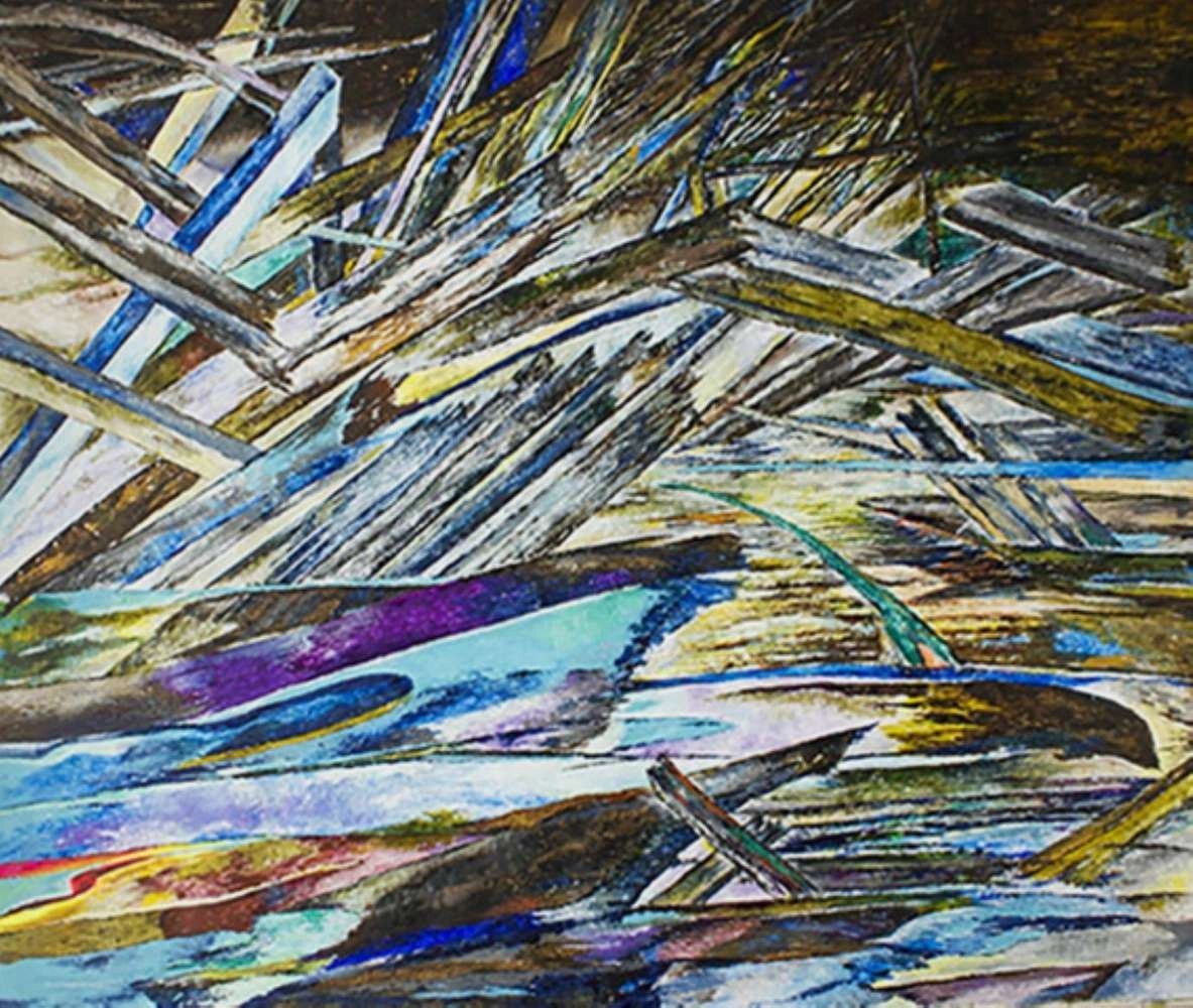 Abstract painting with dynamic intersecting lines in blue and yellow hues.