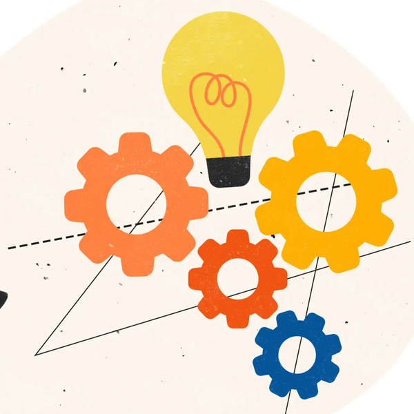 Colorful gears and a lightbulb symbolize innovation and ideas.
