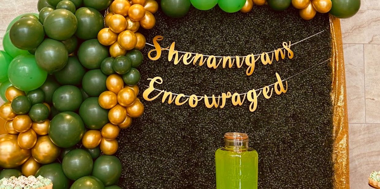 Sheningans encouraged balloon green gold decor off site events on 26