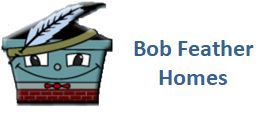 Bob Feather Homes Logo.  House with a smiley face and a feather on it's head