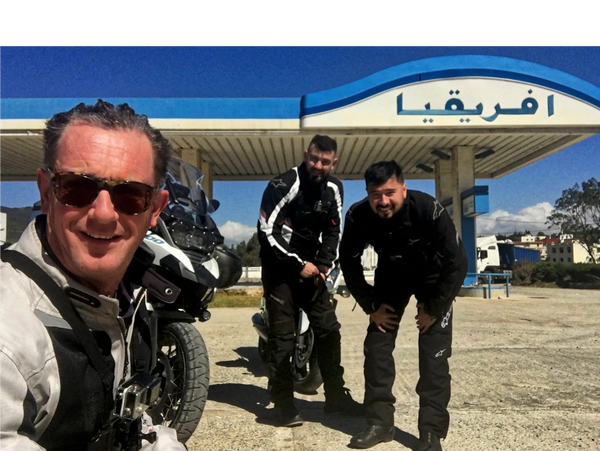 Adventure riding in Morocco, North Africa, BMW Adv motorcycle with GoGravel headlamp protection.