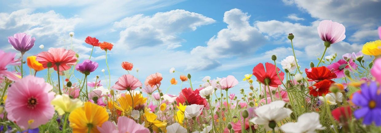 A colorful field of wildflowers against a vivid blue sky with fluffy clouds.
