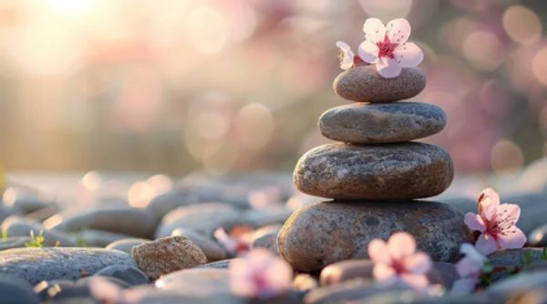 Grey river rocks with 4 rocks stacked off to side with cherry blossom flowers scattered around it