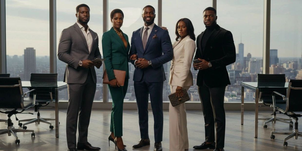 Five professionally dressed people posing in an office with city view.