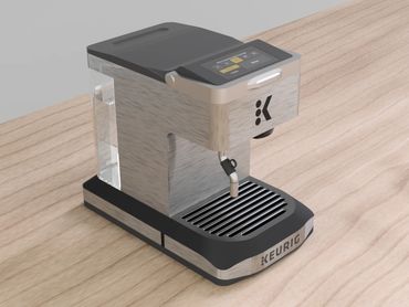 Coffee machine concept for Keurig with large UI, milk frother, and modern metal design – 2022.