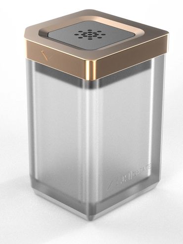 Modern salt & pepper shaker with foggy glass, metal, plastic; airtight 4-part design – 2024.