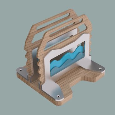 Wave napkin holder where white napkins form the wave crest; metal, acrylic, wood – 2022.