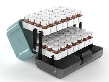 Smart RFID pill bottle case with complex lock, holds 56 bottles; client concept – 2024.