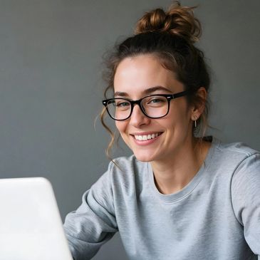 Young woman with glasses smiling while working on a laptop.