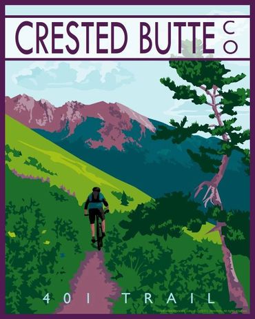 Poster of mountain biker riding 401 Trail in Crested Butte, Colorado. Orange, teal, purple theme.