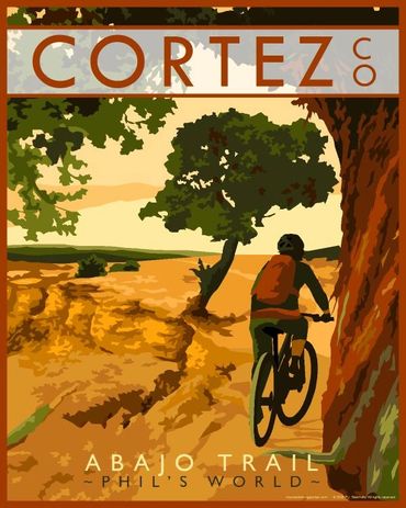 Poster of mountain biker riding Abajo Trail, Phil's World, Cortez, Colorado. Yellow, green, orange