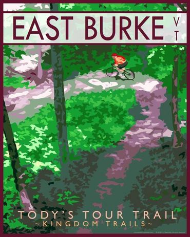 Poster of mountain biker on Tody's Tour Trail in East Burke, Vermont. Green, purple, orange theme. 