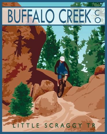 Poster of mountain biker riding Little Scraggy Trail in Buffalo Creek, Colorado. Brown, green, blue 