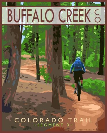Poster of mountain biker riding Colorado Trail in Buffalo Creek, Colorado. Brown, green, blue theme