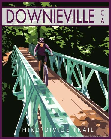 Poster of mountain biker riding Third Divide Trail in Downieville, California. Green, aqua, tan.