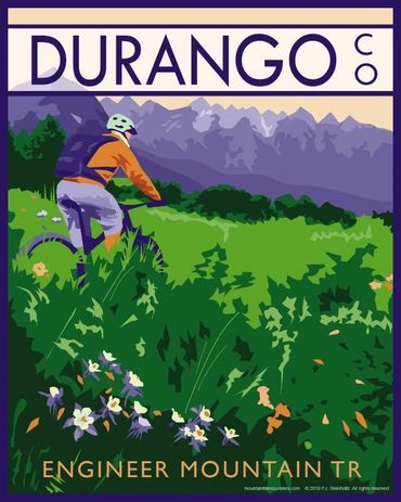 Poster of mountain biker riding Engineer Mountain Trail in Durango, Colorado. Green, purple, orange.