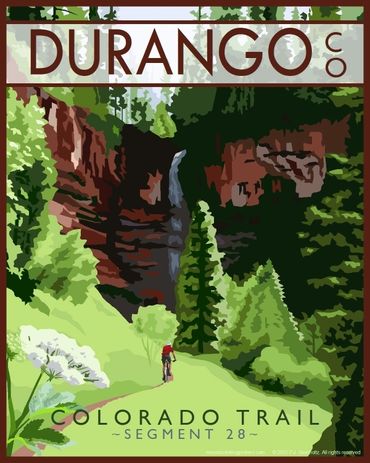 Poster of mountain biker riding the Colorado Trail in Durango, Colorado. Green, red, gray.